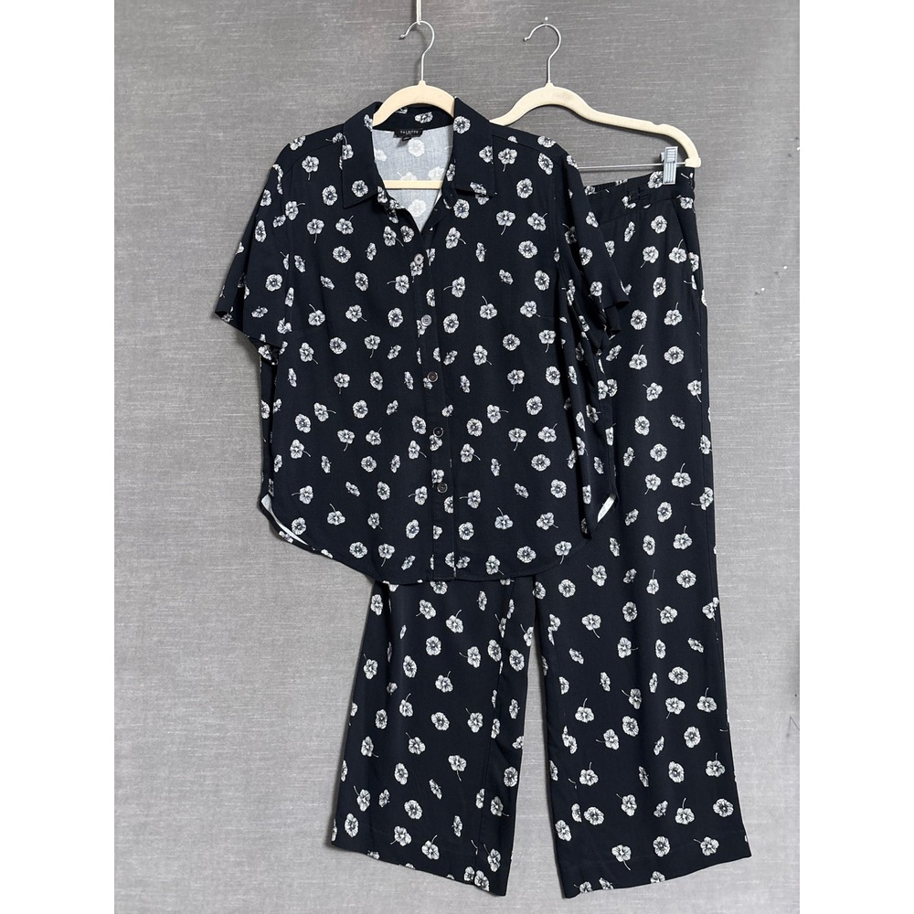 Talbots Pant Set L Petite Black Floral Viscose Short Sleeve Top Wide Leg Casual